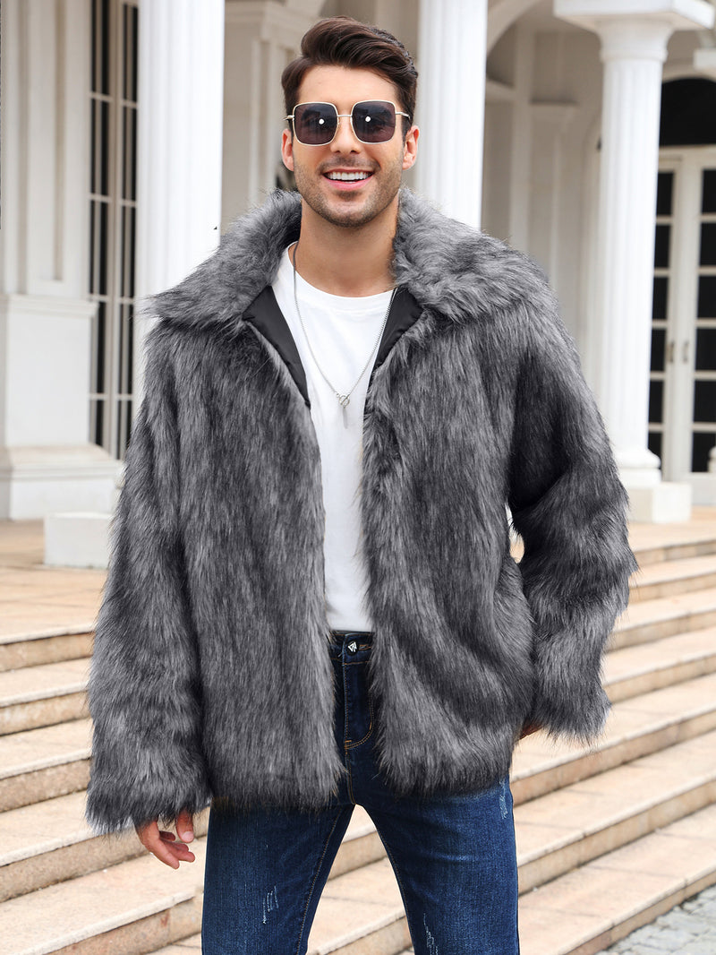 Men's Lapel Short Faux Fur Jacket Warm Overcoat