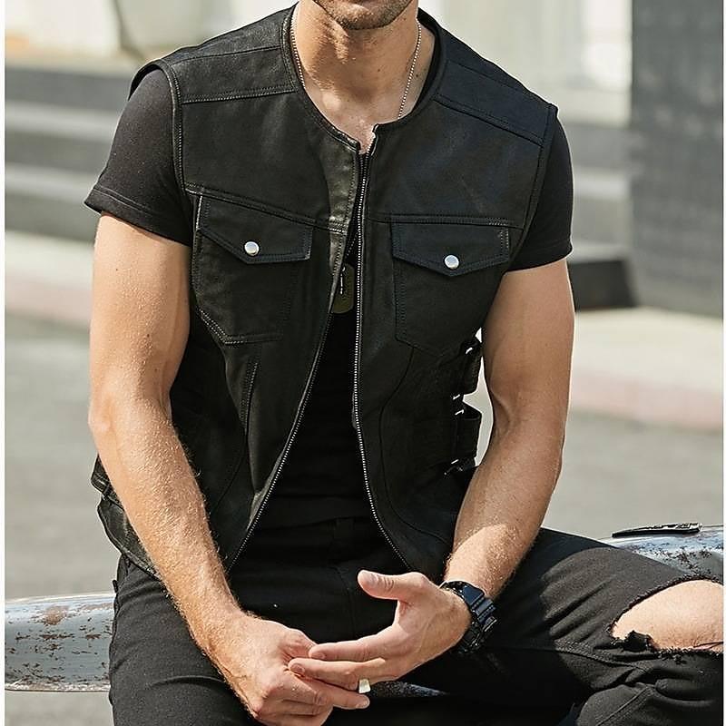 Men's Single-breasted leather Waistcoat