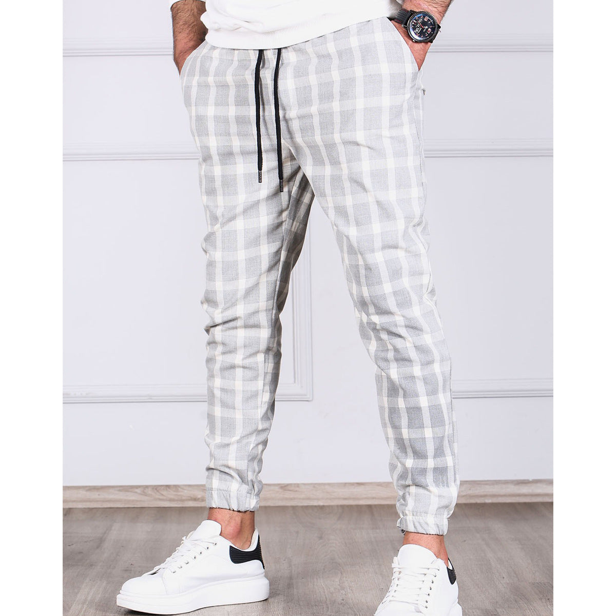 Small Lattice Striped Tethered Jogging Pants