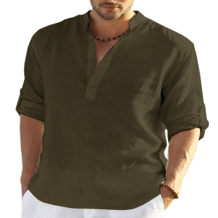 Men's Casual Cotton Linen Stand Collar Summer Shirt