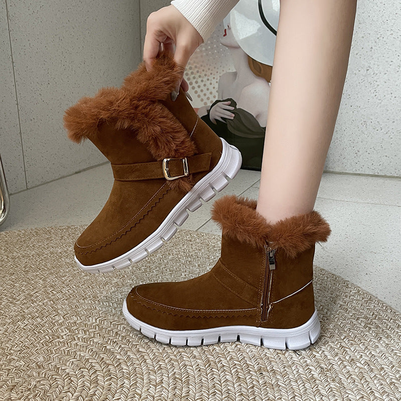 Snow Boots Winter Warm Thickened Plush Ankle Boots With Buckle Design Plus Velvet Flat Shoes For Women