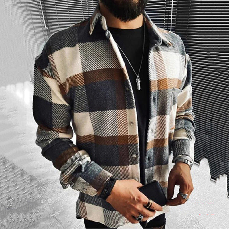 Spring And Autumn Men's Color Block Check Print Shirt