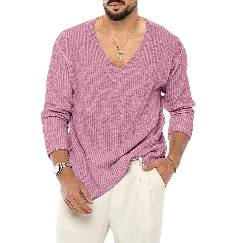 V-neck Solid Color Long Sleeve Fashionable Knitted Sweater