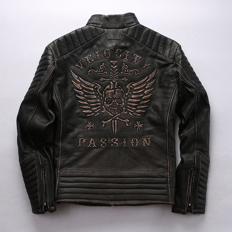 Cowhide Frayed Genuine Leather Jacket Men