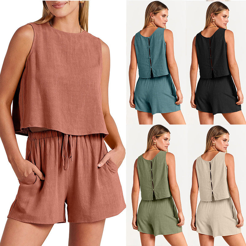 Summer Sleeveless Tops And Drawstring Shorts Suit women