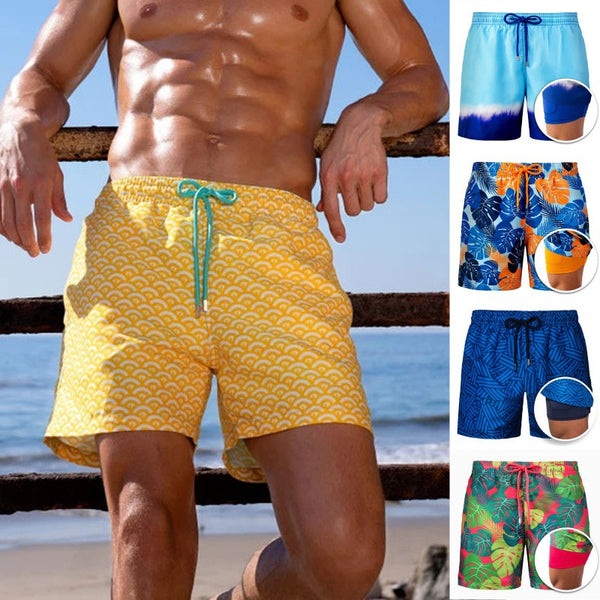 Pantalones cortos de playa estampados para hombre Pantalones cortos de doble capa Verano