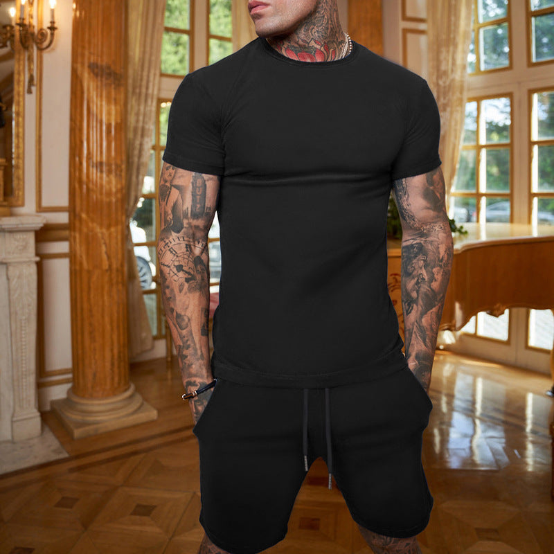 Men's Solid Color Short Sleeve Shorts summer Set