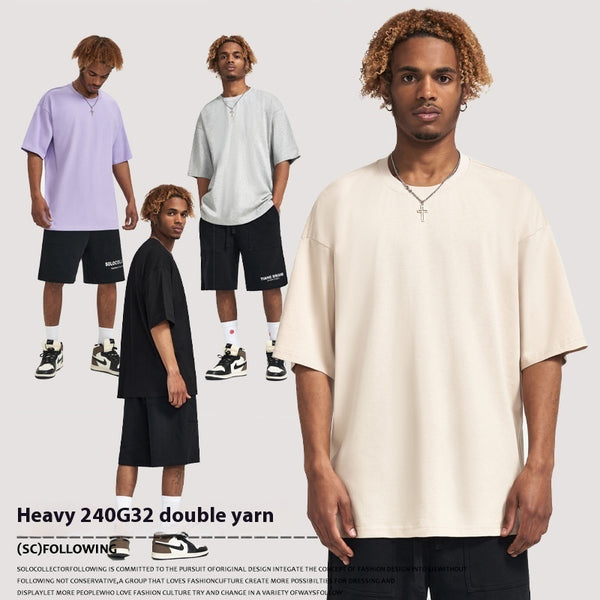 Double Yarn Cotton Short Sleeve Drop Shoulder tee for men