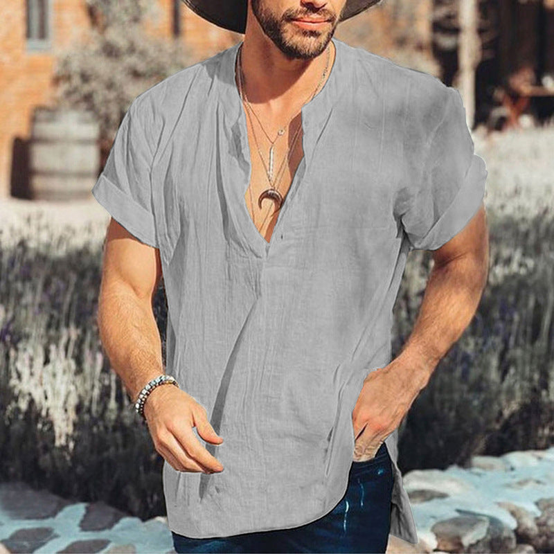 Men's Short Sleeve Simple Cotton Linen Shirt