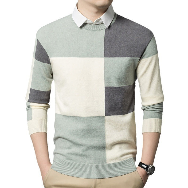 Men's Fae Two-piece Color Stitching Turnover Neck Plaid sweater