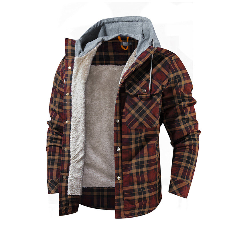 Men Warm Fleece Lining Lumberjack Plaid Hooded Jacket