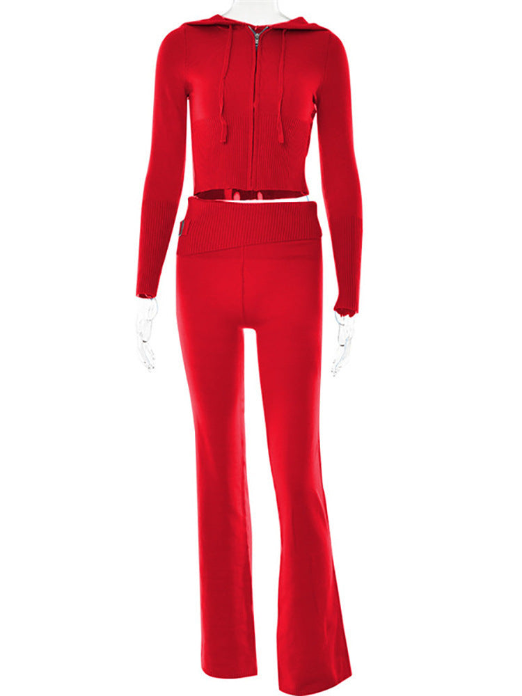 Women Leisure Sexy Zip Long Sleeve Sweater And High Waist Long Pants Set