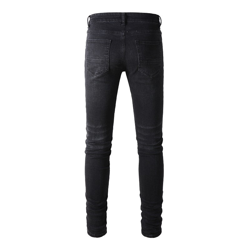 Collated Grey White Dyed Elastic Slim Fit Black Jeans For Men