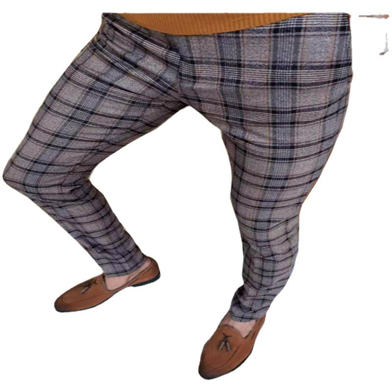 Stretch Slim Fit Pencil Pants Printed Plaid Business Casual Trousers