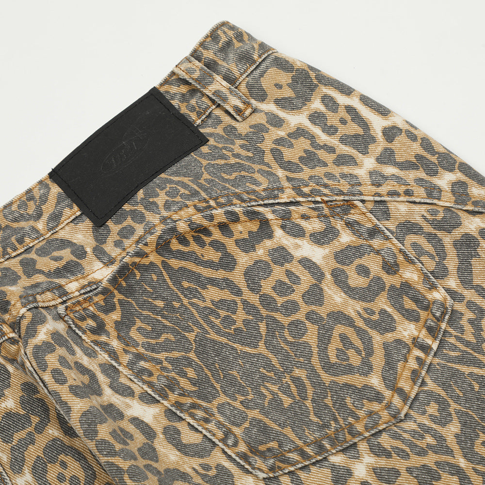 Leopard Print Wash CasualLoose Wide-leg Straight Trousers