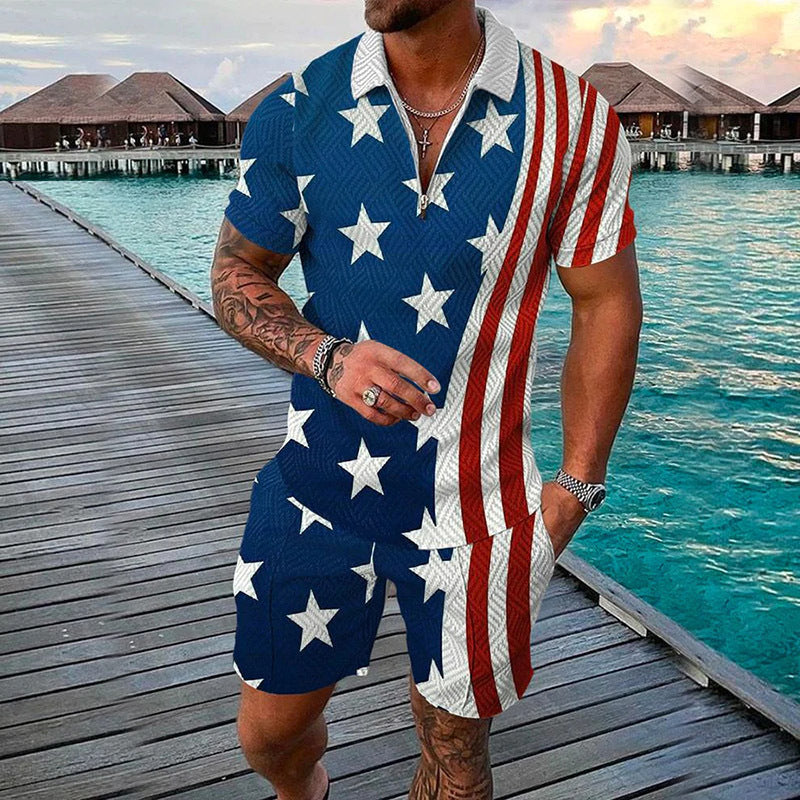 Men's Flag Print Lapel Zipper Two-Piece Suit