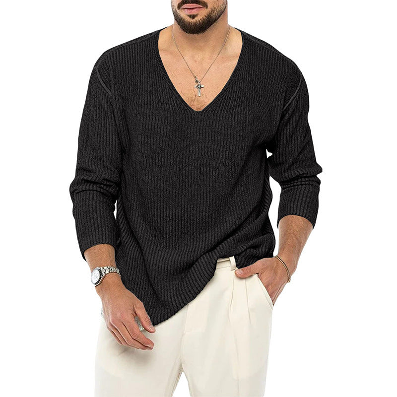 Maglione lavorato a maglia alla moda a maniche lunghe con scollo a V e tinta unita