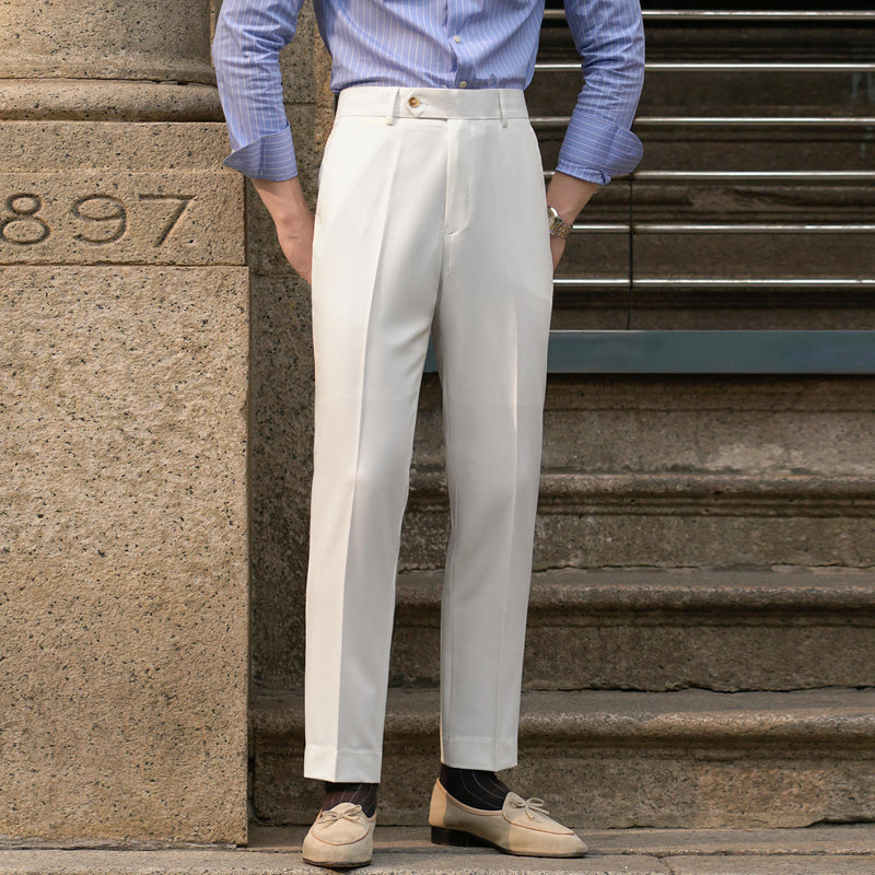 Men's Slim White Casual Retro High Waist Trousers