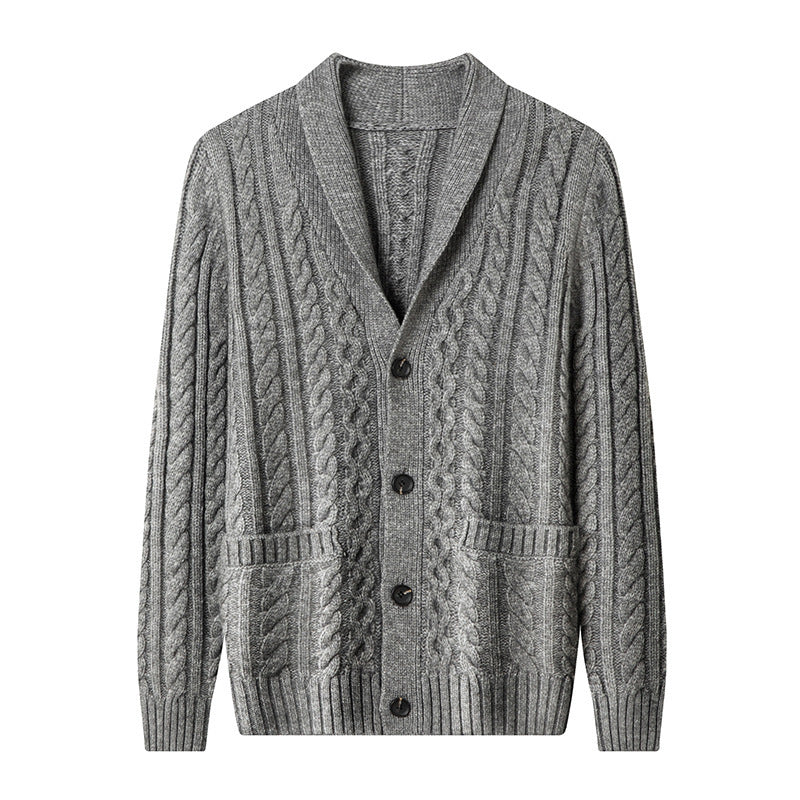 Cardigan lavorato a maglia da uomo, jacquard spesso, maglione monopetto