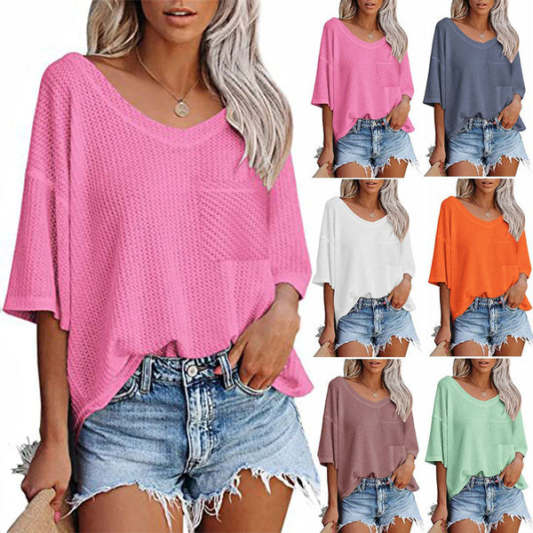 V-neck Shirts Women Summer Short Sleeve Top