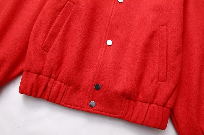 Red Stand-up Collar Casual Woolen Baseball Uniform Jacket