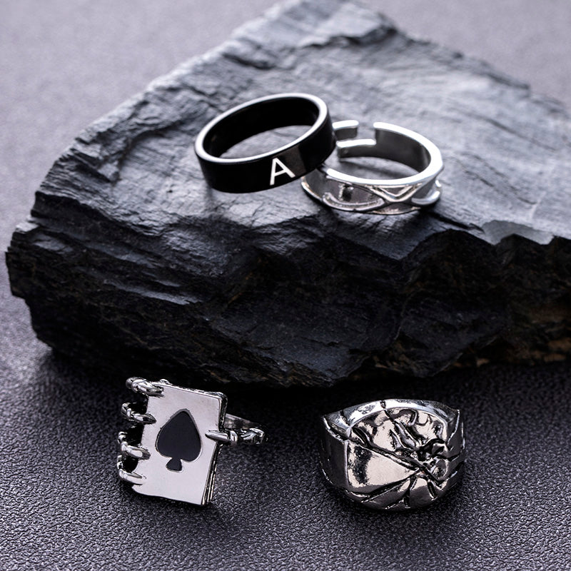 Punk Big Skeleton Spades Letter A Cracked Signet Finger Rings