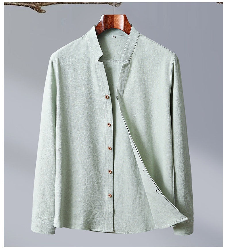 Cotton And Linen Crepe Solid Color Men's Long-sleeved Shirt