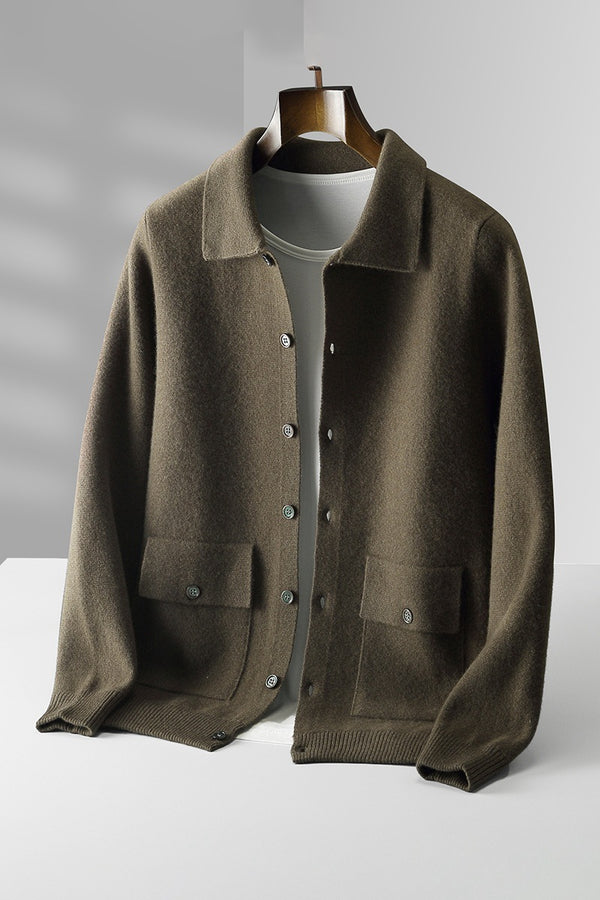 Abrigo de invierno tipo cárdigan de lana de color liso con cuello polo para hombre