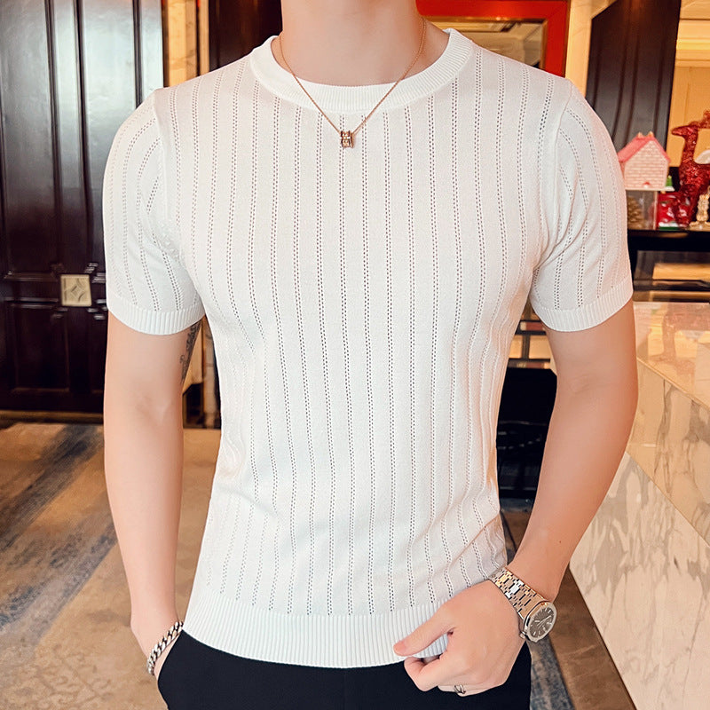 Hollow-out Half-sleeved Ice Silk Crew Neck T-shirt