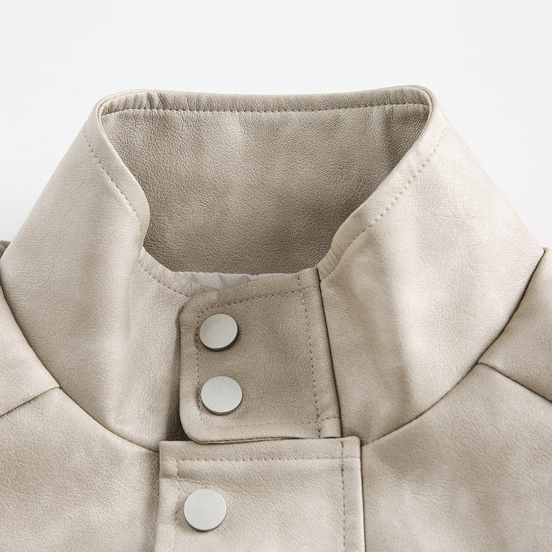 Solid Color Leather Stand Collar Coat For Men