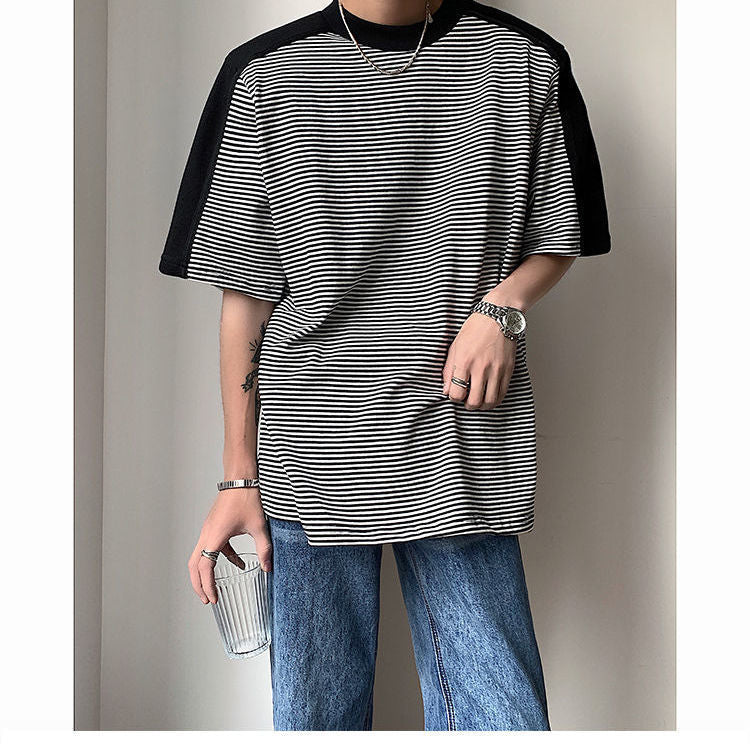 Men's Striped Stitching T-shirt With Shoulder Pads