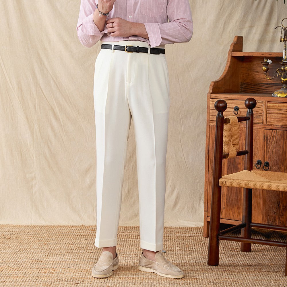 Business Cotton Blend Pleated Straight Fit Trousers