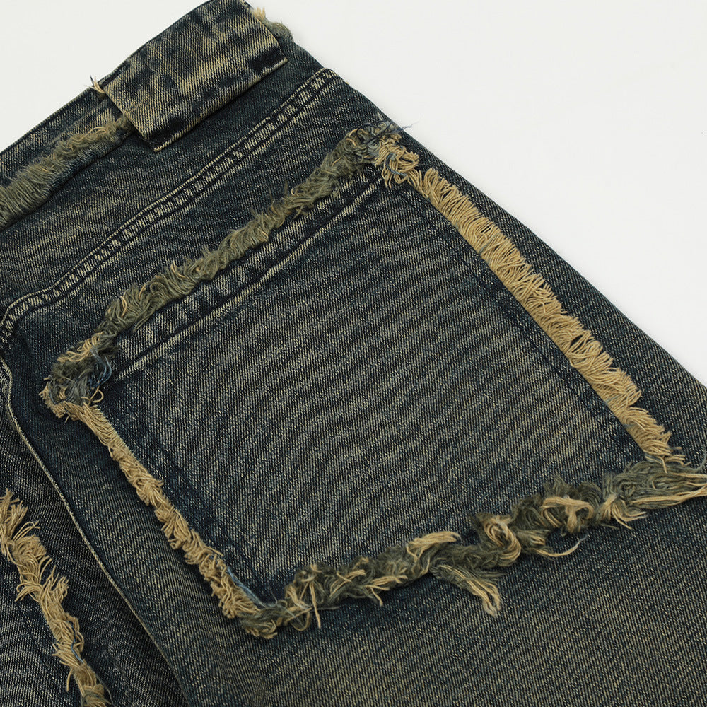 Heavy Craft Frayed Cat Beard Stitching Tassel Jeans For Men