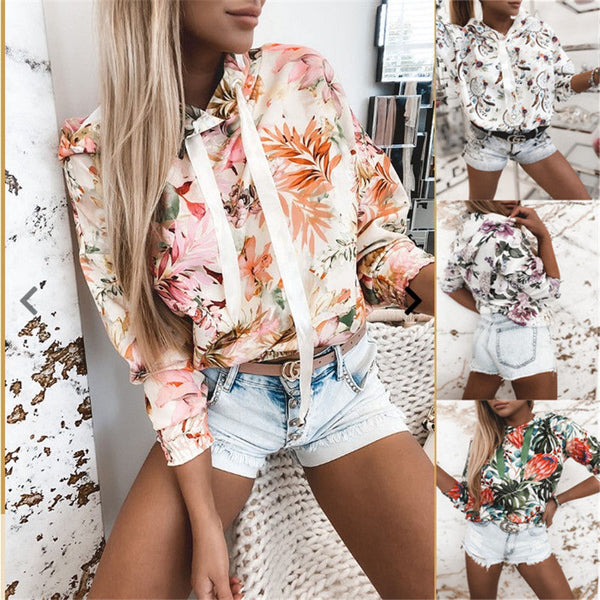 European And American Style Floral Print Hooded Sweater