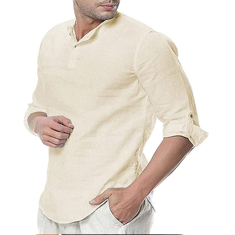 Men's Casual Cotton And Linen Plain Long-sleeved Shirt