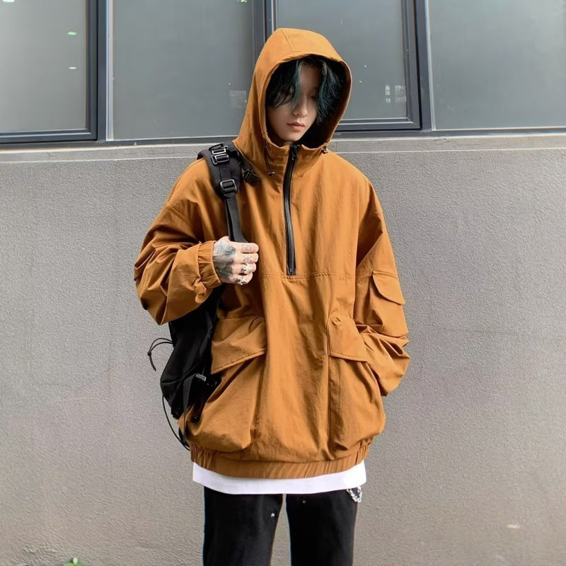 Loose Half Zip Windbreaker Workwear Hooded Jacket