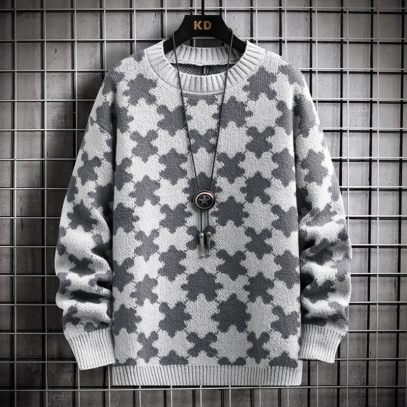 Maglione casual largo da uomo con collo alto e motivo a puzzle in jacquard