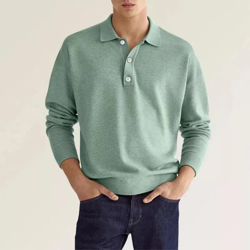 Long Sleeve V-neck Button up Men's Casual Top Polo Shirt