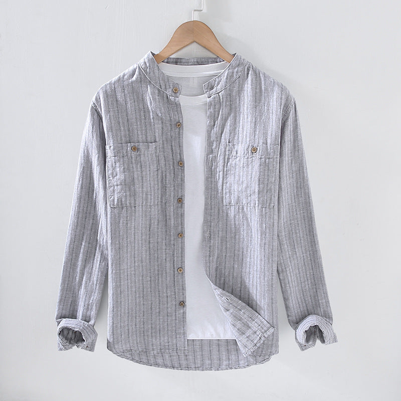 Stripe Double Pocket Stand Collar Casual Cotton Linen Long Sleeve shirt