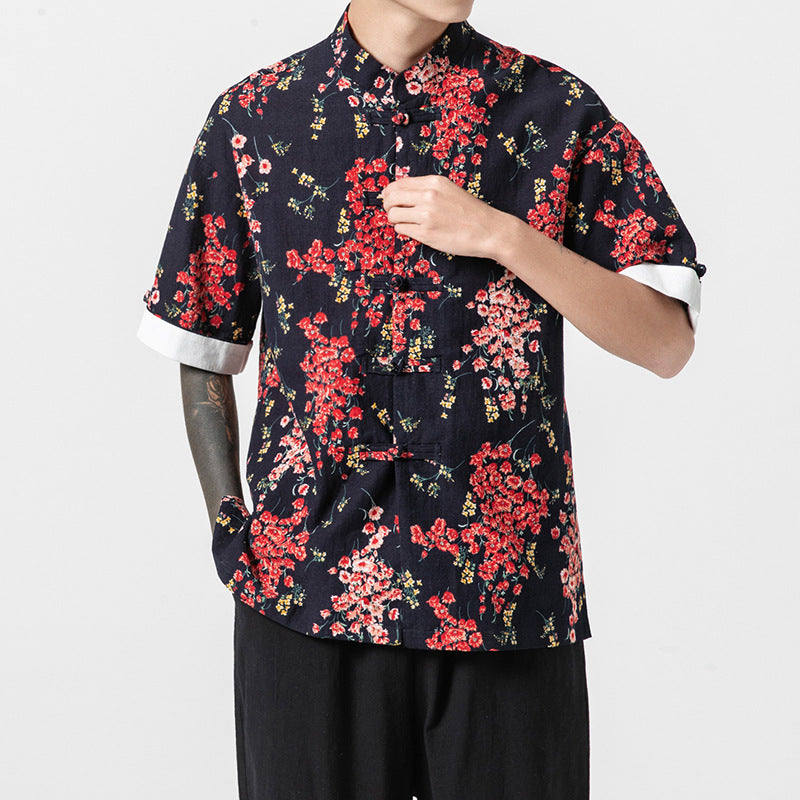 Men's Loose Stand-up Collar Printed Short-sleeved Shirt