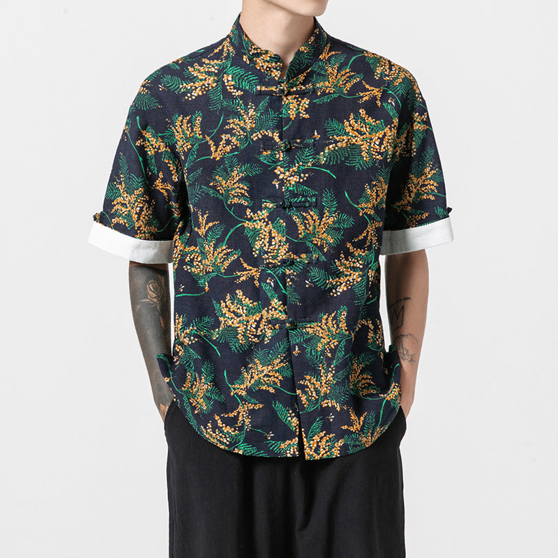 Men's Loose Stand-up Collar Printed Short-sleeved Shirt