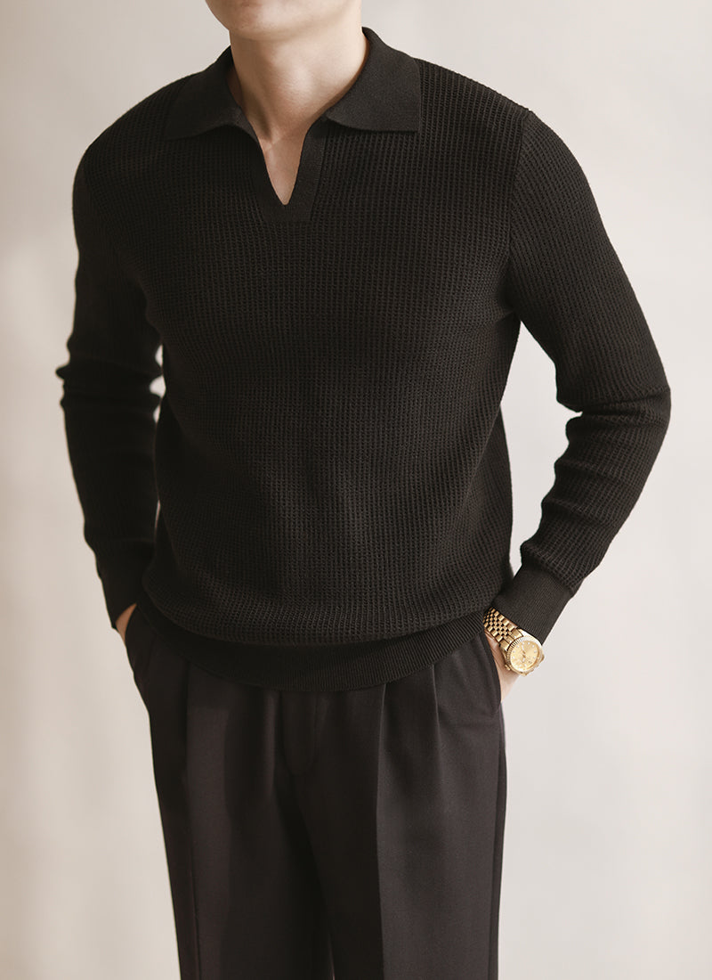 Textured Buttonless Knit Long Sleeve Polo Shirt