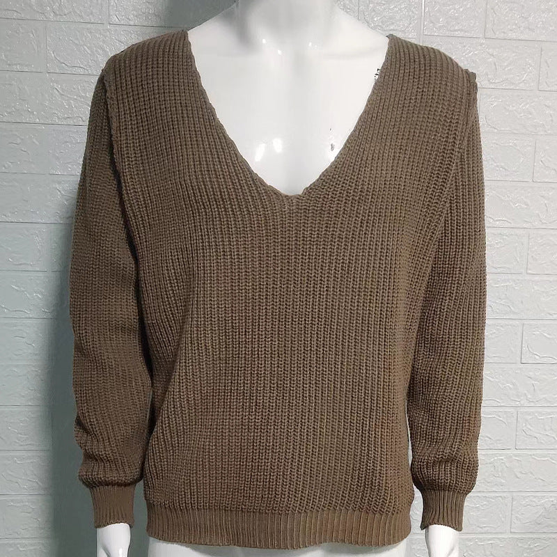 V-neck Solid Color Long Sleeve Fashionable Knitted Sweater