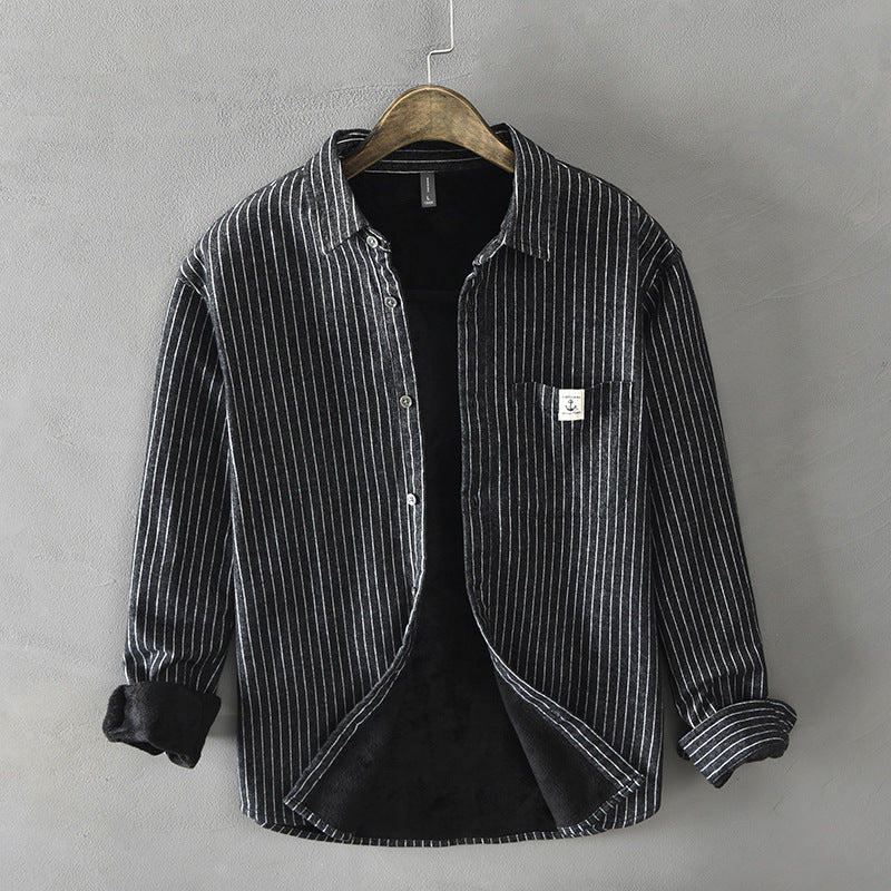 New Men's Brushed Fleece Striped Shirt Jacket