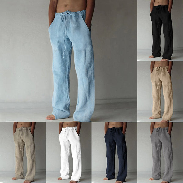 Pantalones finos de lino de ocio de color sólido para hombre