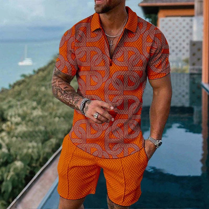 Men's Casual Zipper Short Sleeve summer set