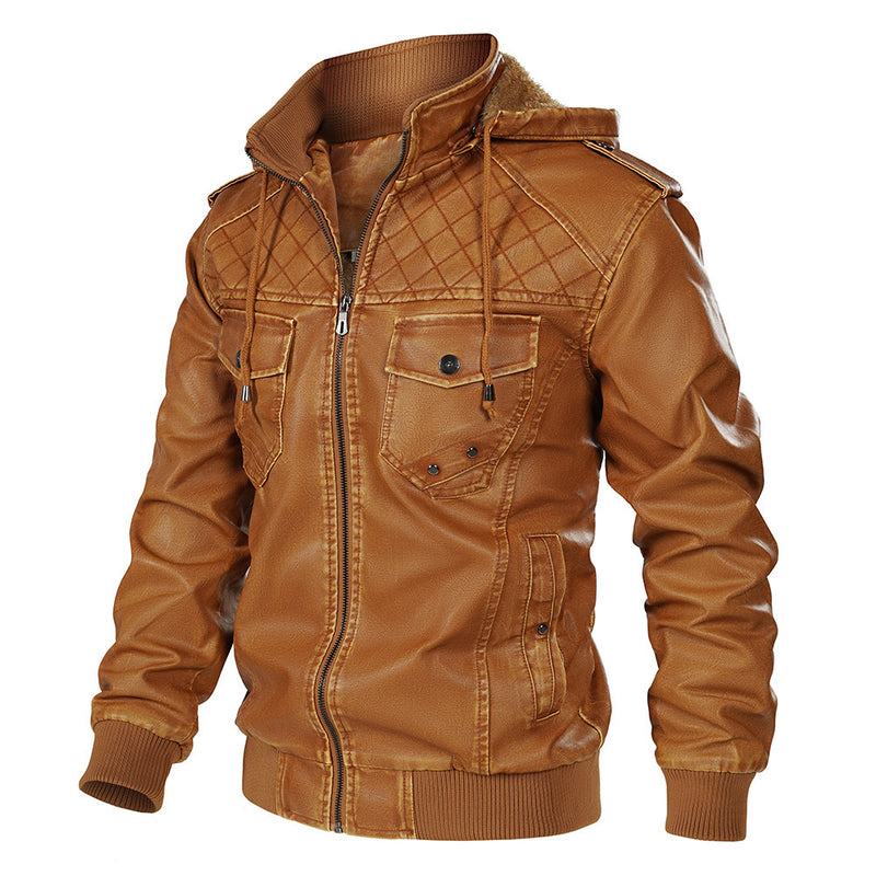 Fleece-lined Men's Autumn And Winter Hooded Leather Jacket