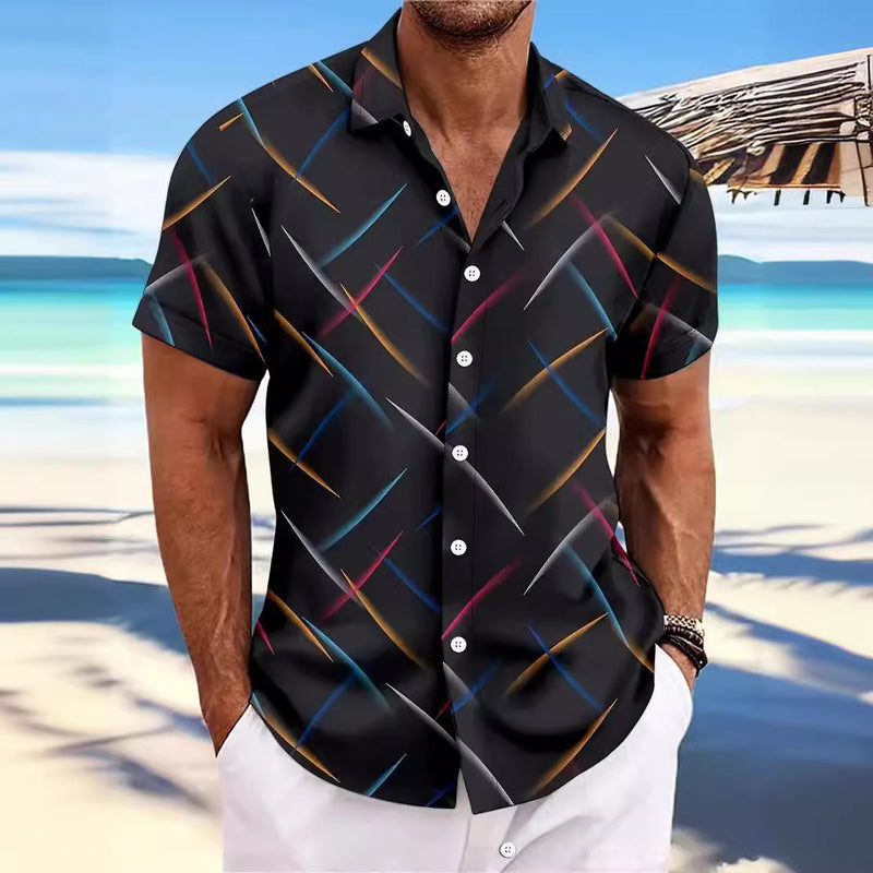 Summer Men's Striped Feather Casual Beach Short Sleeve Button Shirt