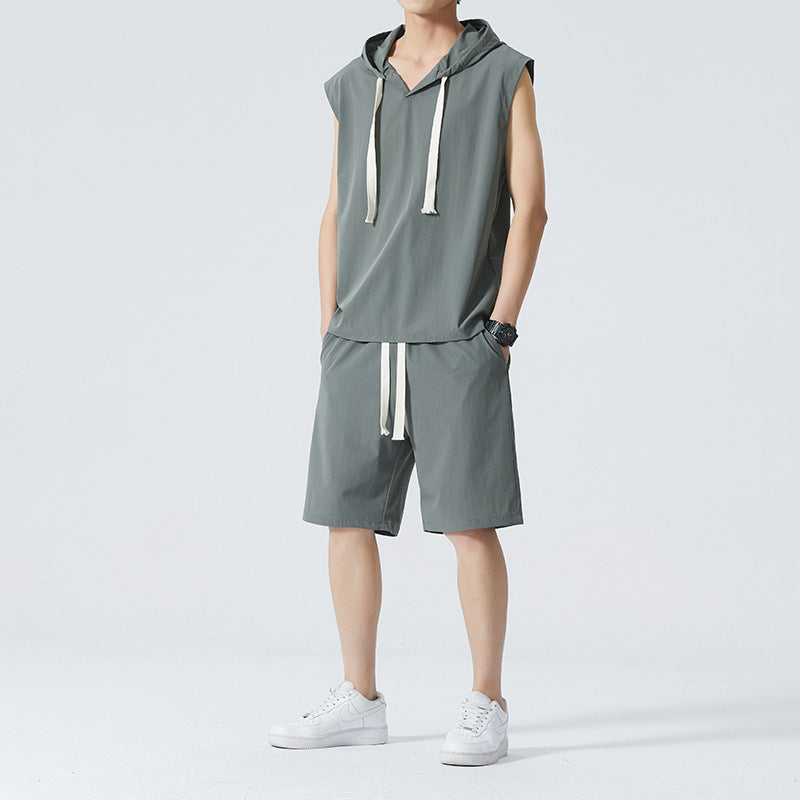 Men's Ice Silk Hooded High Street Short Sleeve T-shirt Shorts Set