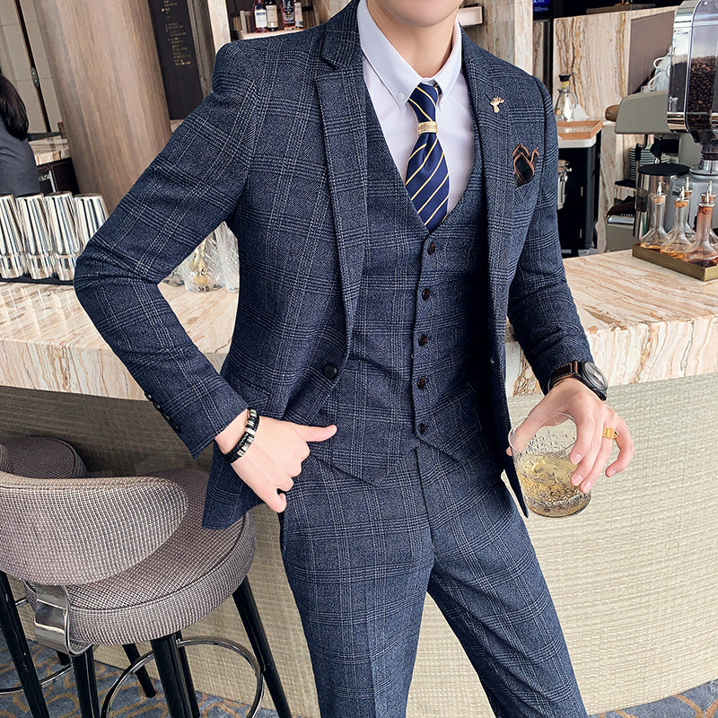 Slim-fit plaid Three-piece Casual Suit for men